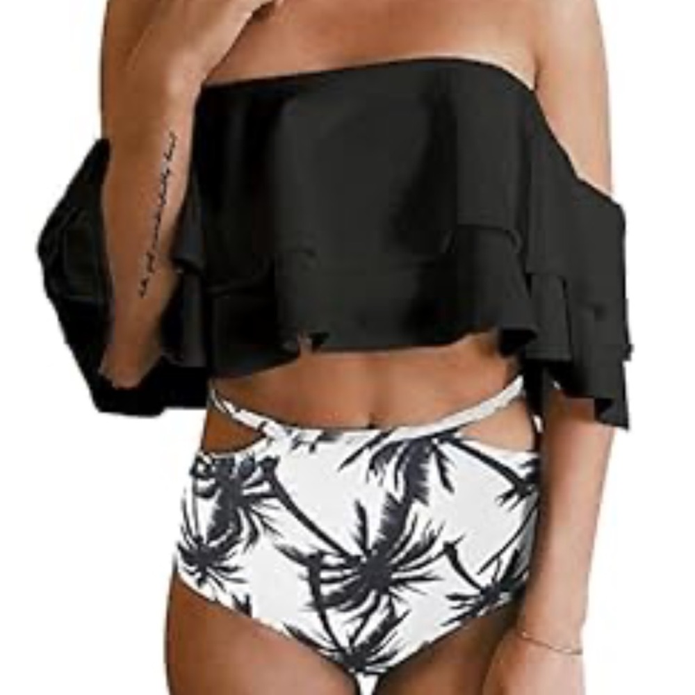 Black Off-Shoulder Bikini Top with Palm Print Bottom